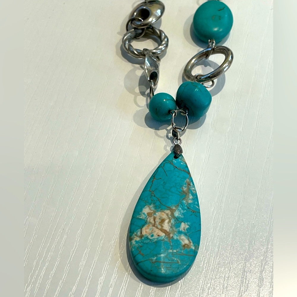 Vintage Silver Tone Turquoise Stone Hoop Necklace Beach Fun Tear Drop Pendant